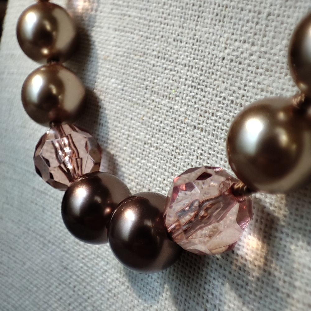 Faux Chocolate Champagne Pearl and Pink Bead Necklace RMN Roman Vintage